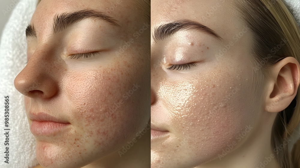 Obraz premium Testimonial with detailed skin transformation after chemical exfoliation, featuring before-and-after images of blackhead-free skin, sharp pore detail, Photorealistic