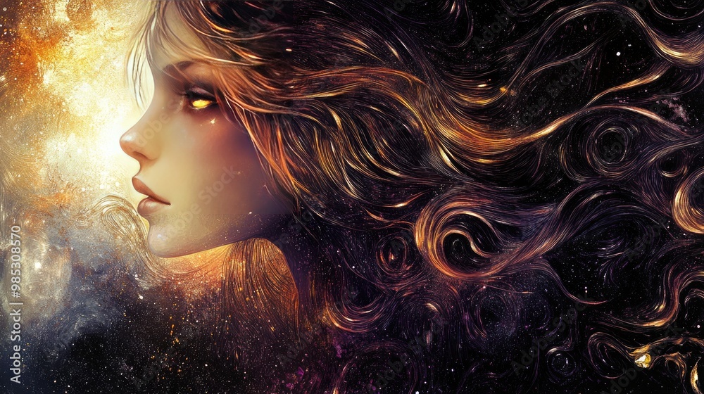 Fototapeta premium A close-up of a beautiful figure whose hair flows like liquid light, with eyes that seem to hold the secrets of the universe.