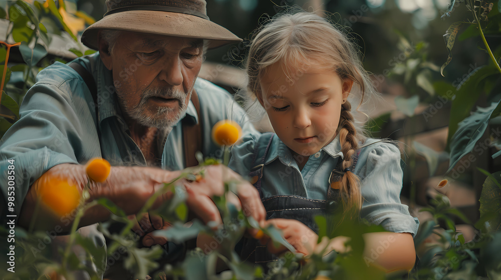 A small girl works in her grandfather's backyard garden with her senior grandfather. A small girl works in her grandfather's backyard garden with her senior grandfather.