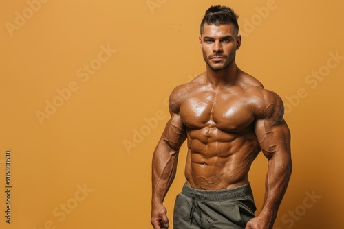 A fit man with a muscular physique poses confidently, solid color background emphasizing both his physical fitness and mental sharpness, ideal for a gym flyer