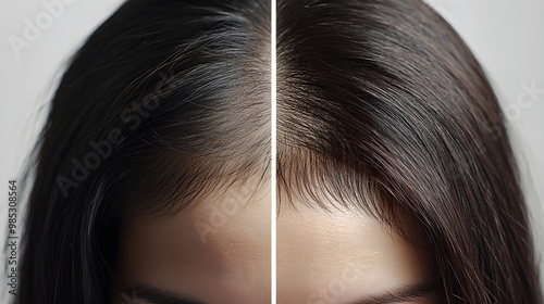 Testimonial with visual transformation of hair restoration, showing before-and-after images of a woman's scalp and hair thickness improvement, Digital Rendering, Soft Focus photo