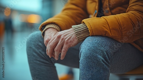 A man's hands rest on his lap as he sits in a public space.