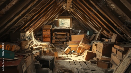 Wallpaper Mural A cluttered, dusty attic filled with old boxes, cobwebs, and forgotten items, representing years of neglect. Torontodigital.ca