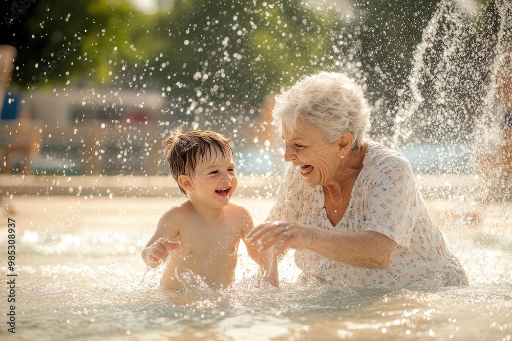 High-resolution brightly lit photorealistic candid photograph of a grandmother and grandchild playing in a splash pad, laughing and enjoying the water on a sunny day. The photograph is styled like a