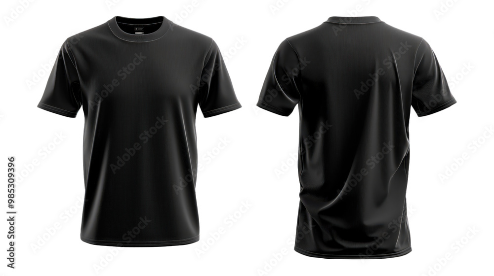 Black blank t-shirt template displayed from both sides, isolated on a transparent white background with a clipping path. Black blank t-shirt template displayed from both sides, isolated on a transparent white background with a clipping path.