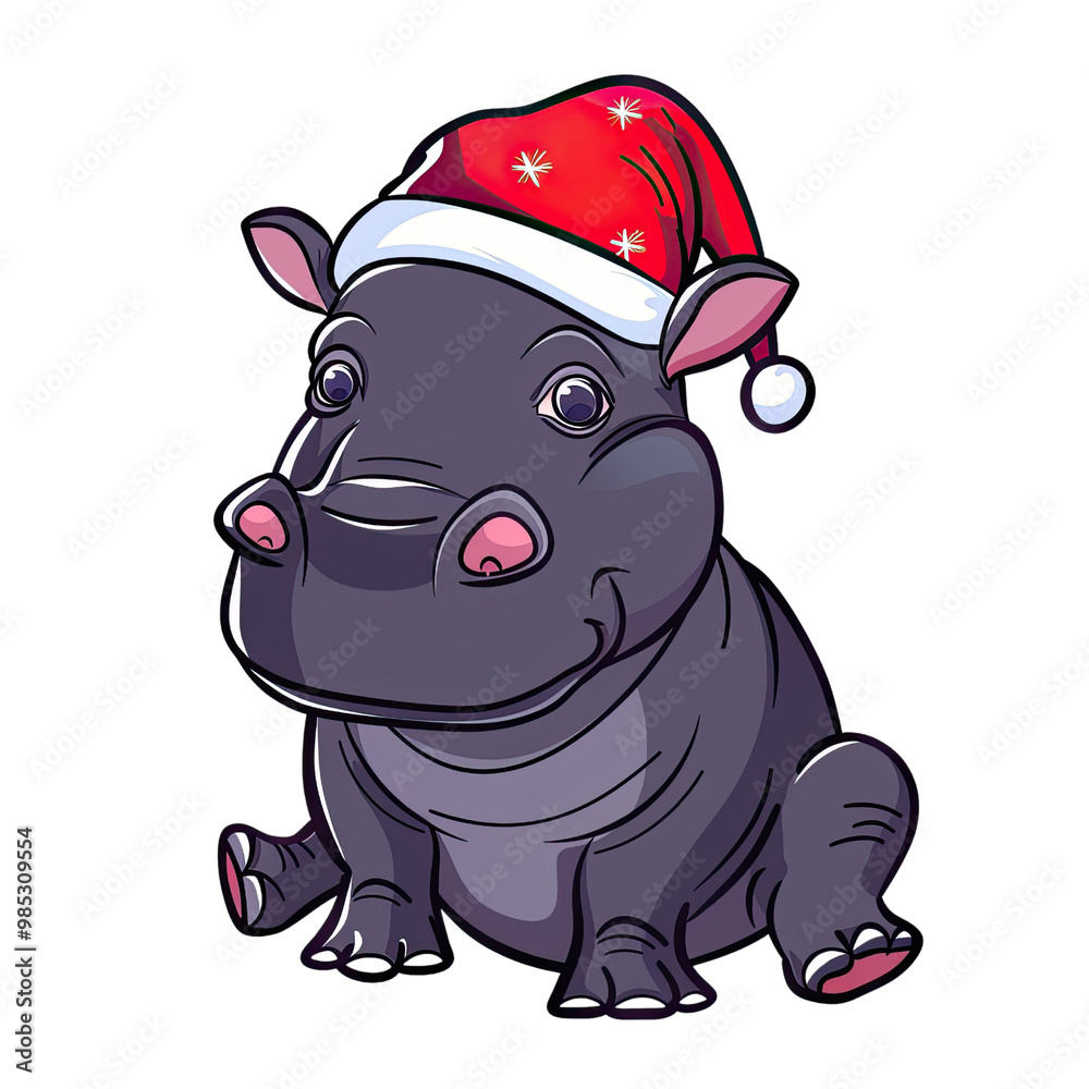 A cartoonish black and white hippo wearing a red Santa hat A cartoonish black and white hippo wearing a red Santa hat