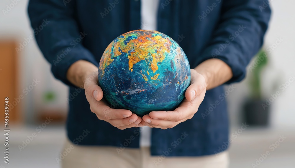 Person holding a globe filled with glowing ideas, representing global creativity in business, world of ideas, international business innovation Person holding a globe filled with glowing ideas, representing global creativity in business, world of ideas, international business innovation