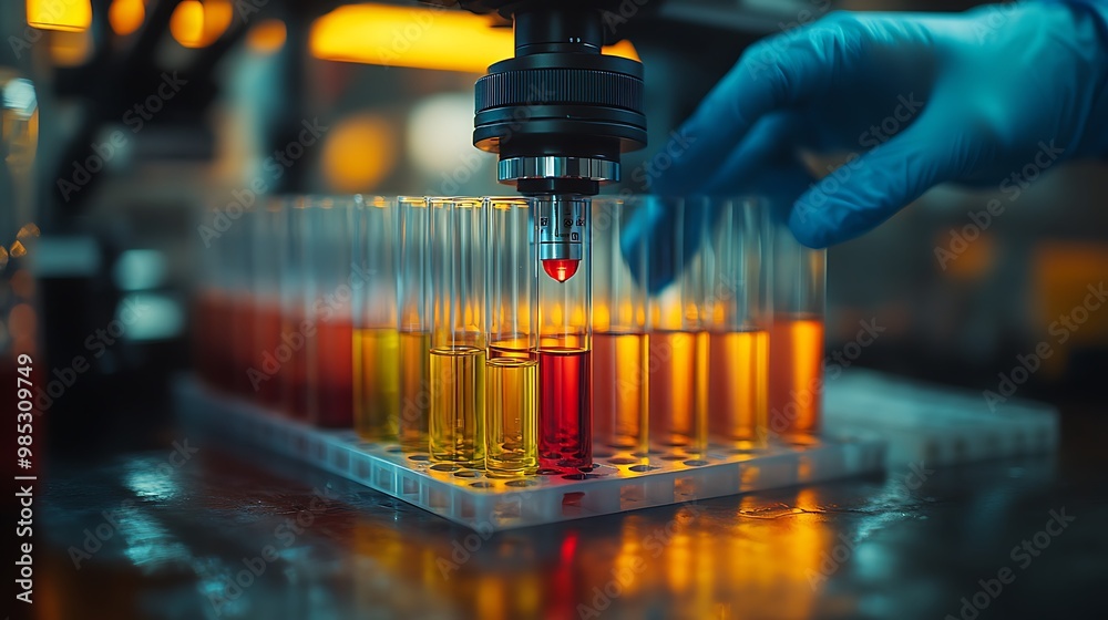 A gloved hand operates a machine dispensing liquid into test tubes filled with colorful solutions. A gloved hand operates a machine dispensing liquid into test tubes filled with colorful solutions.