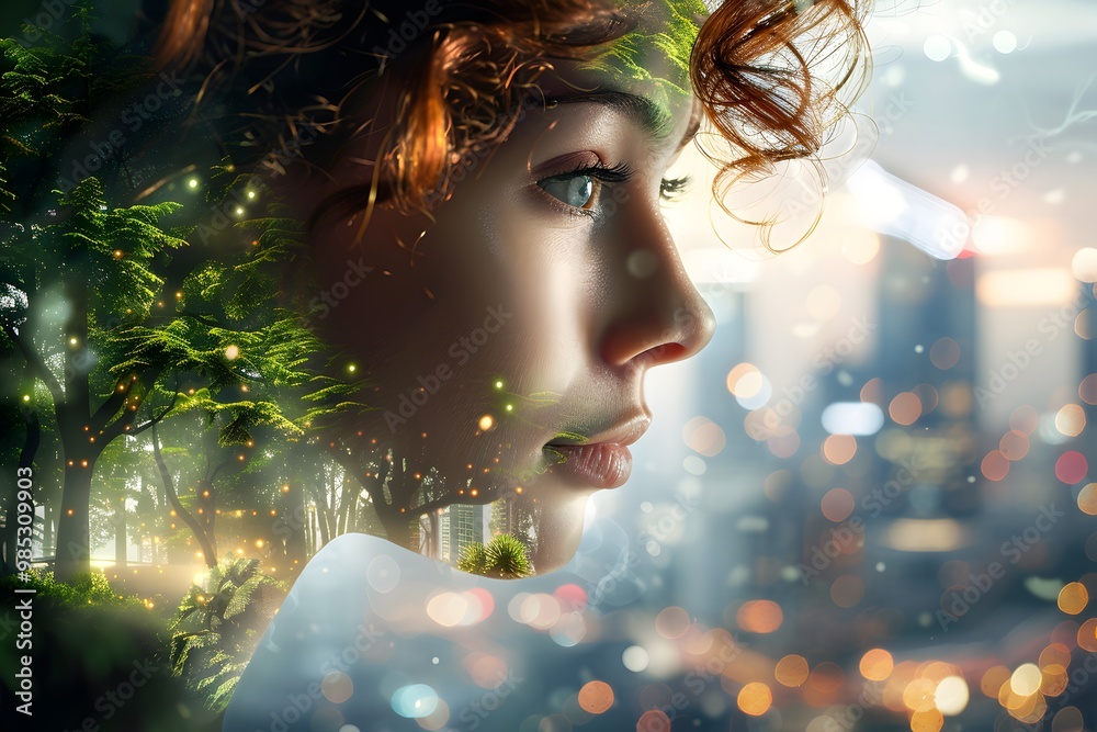 Double exposure of young woman and nature, futuristic concept. Double exposure of young woman and nature, futuristic concept.