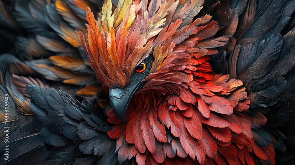 Obraz premium A photo-realistic portrait of a mythical phoenix emerging from the ashes, with vibrant and intricate feathers