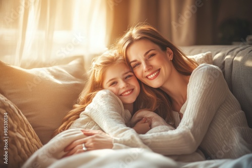 High-resolution brightly lit photorealistic candid photograph of a joyful mother and daughter cuddling on a soft couch in a cozy, sunlit living room. The photograph is styled like a premium lifestyle