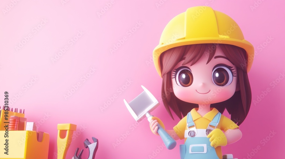A cheerful cartoon character in a construction outfit holding a paint roller. A cheerful cartoon character in a construction outfit holding a paint roller.