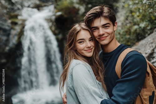 High-resolution brightly lit photorealistic candid photograph of a young couple standing arm in arm near a waterfall, their expressions full of joy and love. The photograph has a light and happy