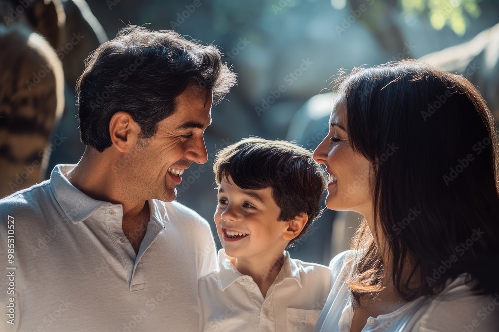 High-resolution brightly lit photorealistic candid photograph of a father, mother, and son smiling at each other while standing in front of a zoo exhibit, with a soft, creamy bokeh background. The