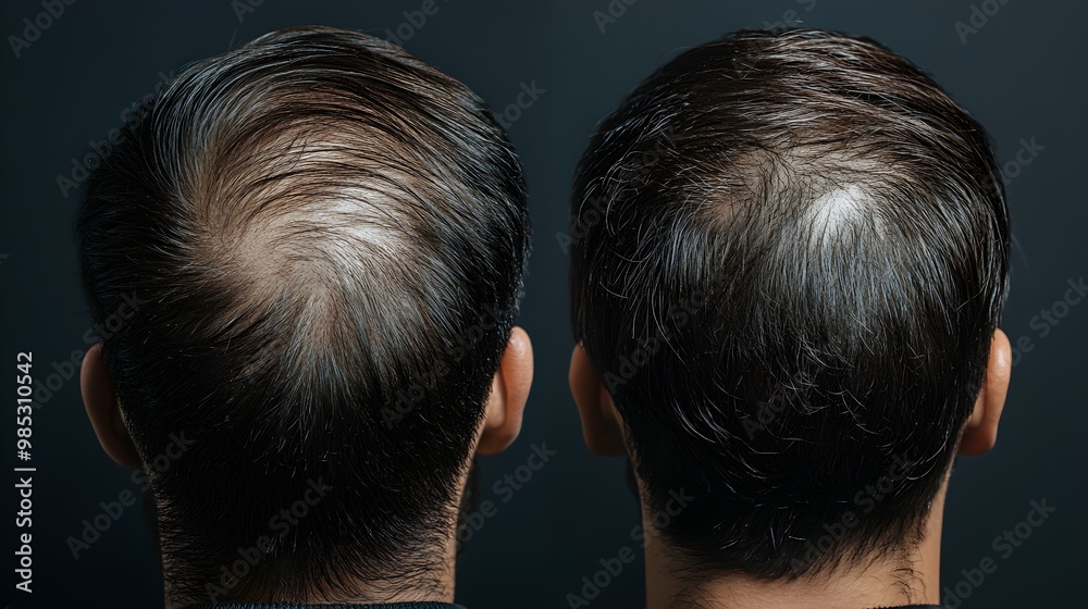 Fototapeta premium Visual blog post comparing treatment effectiveness for hair loss, featuring contrasting before-and-after results, sharp focus on follicle regrowth, Photorealistic Style
