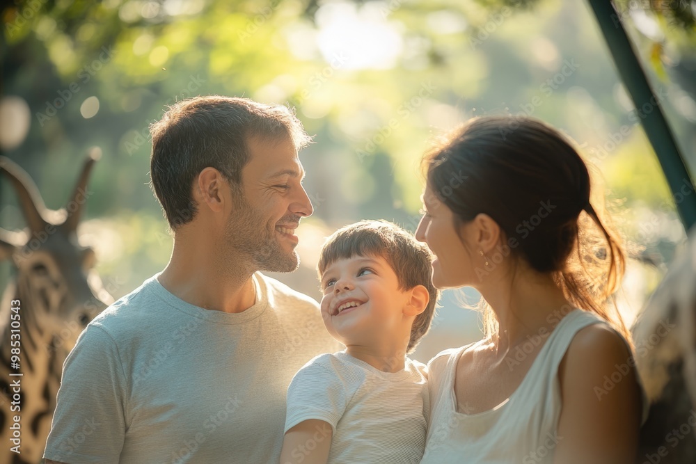High-resolution brightly lit photorealistic candid photograph of a father, mother, and son sharing a moment of joy at the zoo, with a soft, creamy bokeh background. The image is styled like a High-resolution brightly lit photorealistic candid photograph of a father, mother, and son sharing a moment of joy at the zoo, with a soft, creamy bokeh background. The image is styled like a
