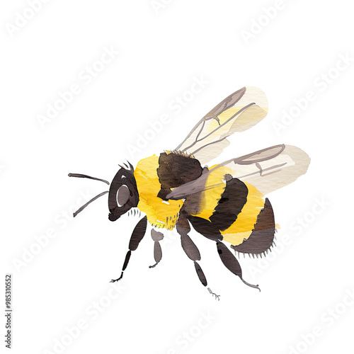 A yellow and black striped bee is flying in the air photo