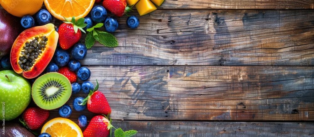 Assorted And Mixed Fruits On Wooden Background With Copy Space Healthy Food Concept Assorted And Mixed Fruits On Wooden Background With Copy Space Healthy Food Concept
