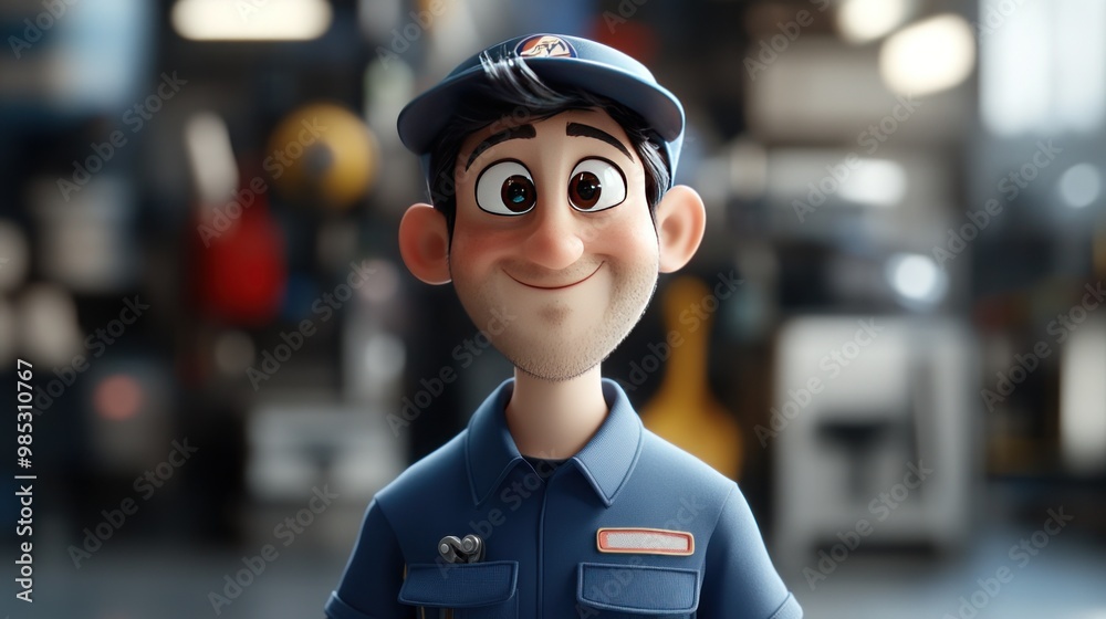A cheerful animated character in a workshop setting, wearing a uniform and cap. A cheerful animated character in a workshop setting, wearing a uniform and cap.