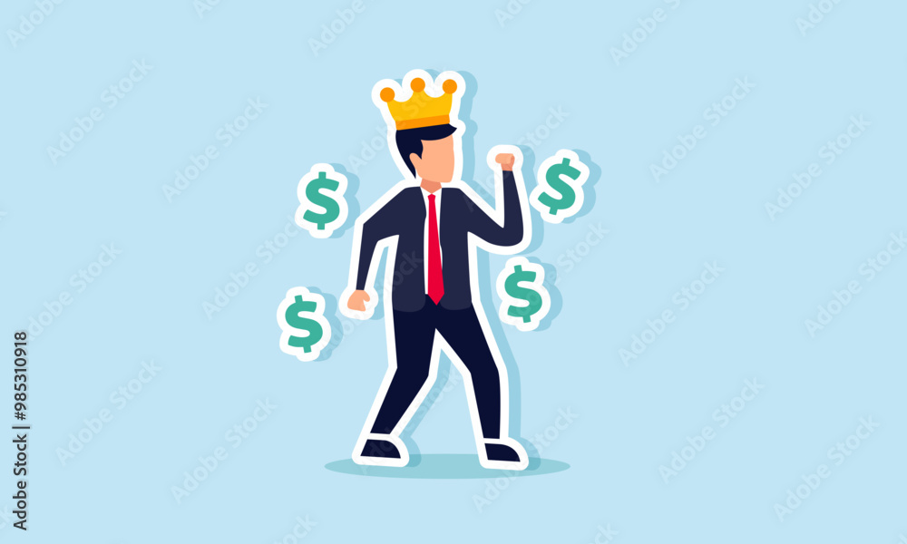 A business owner symbolized by a businessman wearing a crown feels excited with several dollar signs, illustration of increased profit and revenue from completed projects A business owner symbolized by a businessman wearing a crown feels excited with several dollar signs, illustration of increased profit and revenue from completed projects