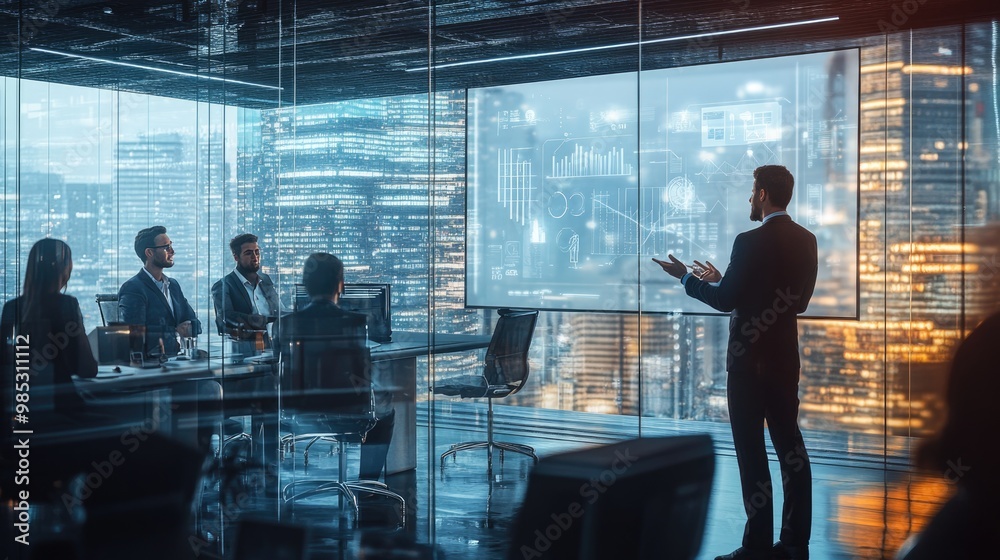 A businessman presenting ideas for team in a futuristic office, surrounded by glass walls with city views, focused on business innovation and professional technological advancements. A businessman presenting ideas for team in a futuristic office, surrounded by glass walls with city views, focused on business innovation and professional technological advancements.