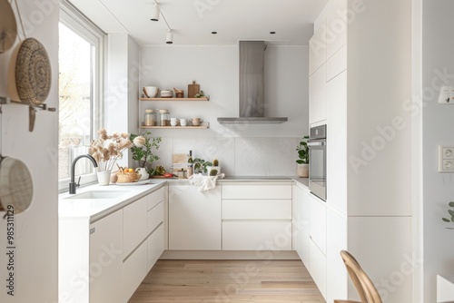 Cozy white kitchen with minimalistic design and warm accents