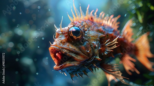 Close-Up of a Spiky Fish with Open Mouth in Underwater Environment