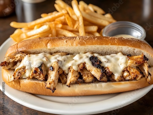 A grilled chicken cheesesteak sandwich on a hoagie roll with melted cheese and fries. photo