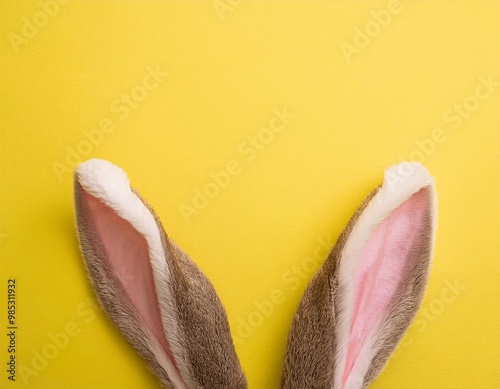 close-up of bunny ears visible in the corner on a bright light yellow background. generative ai photo