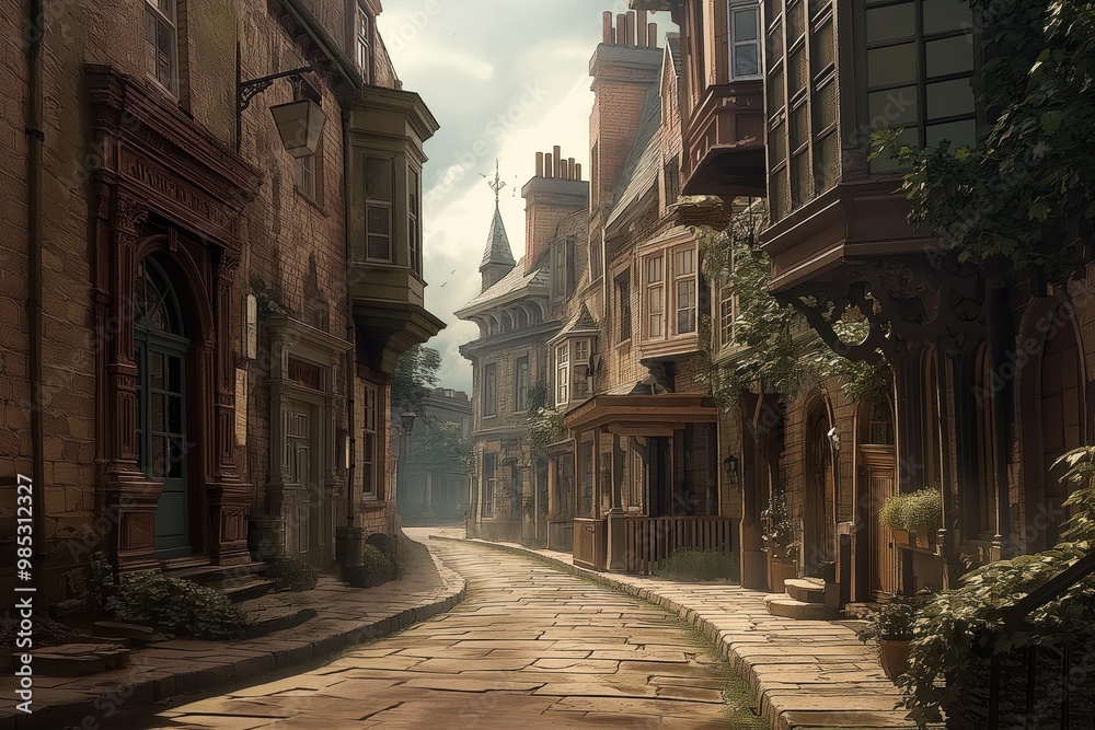 Naklejka premium Illustration of dimly lit Victorian town with old buildings, facades, alleyways. Historical architecture, lamp posts, vintage atmosphere. Old houses, walls, streets create moody, nighttime scene.