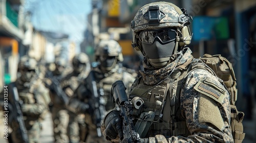 Military personnel in tactical gear patrol an urban area during a training exercise on a clear day