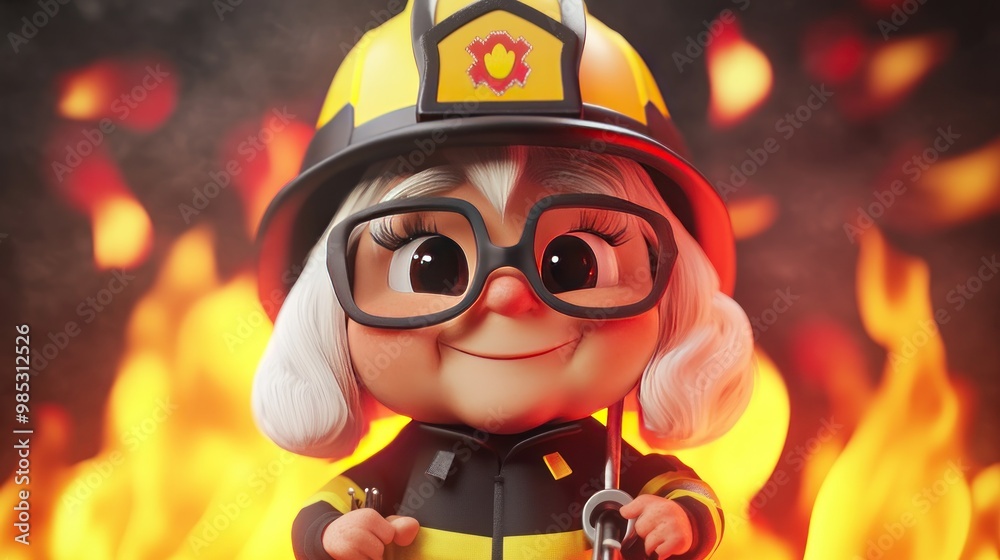 A cheerful cartoon character dressed as a firefighter amidst flames. A cheerful cartoon character dressed as a firefighter amidst flames.