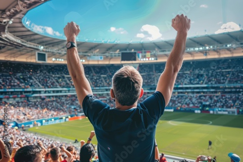 Soccer fans celebrate championship win at a packed stadium. A man in navy blue raises his arms high as the crowd cheers around him, amidst the excitement and anticipation of the sports event. photo