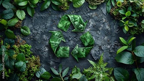 Recycling symbol made green foliage surrounded by natural textures like leaves and earth creating an ecofriendly and sustainabilitythemed design perfect for environmental projects photo