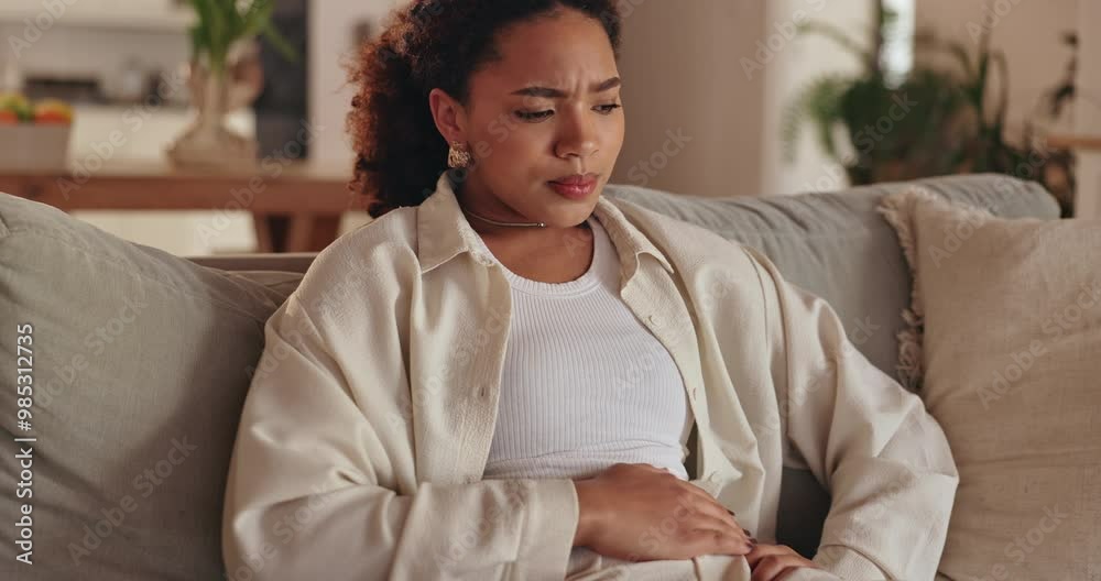 Woman, sofa and stomach ache with reflux for menstruation, cramps or period cycle at home. Young, female person or sick girl with tummy bug for indigestion, diarrhea or sore abdominal pain at house