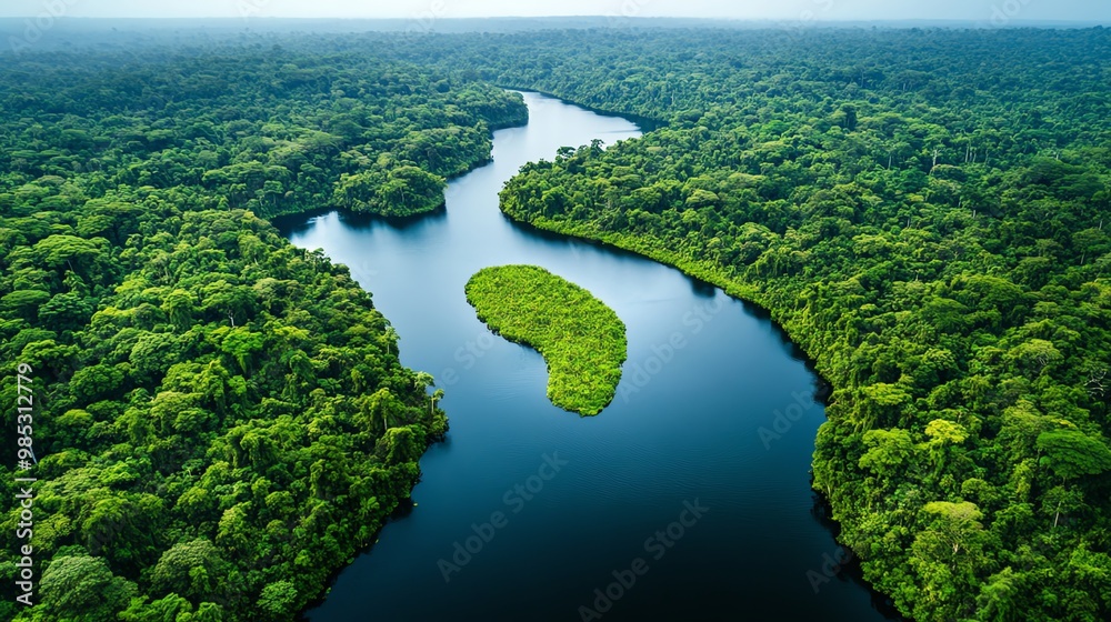 Aerial view of a winding river flowing through a dense green jungle. Aerial view of a winding river flowing through a dense green jungle.