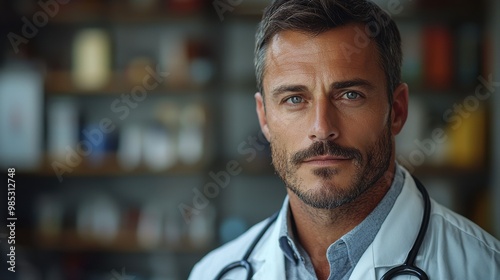 A serious male doctor in a white coat wearing a stethoscope stands confidently in a modern clinic during daylight hours