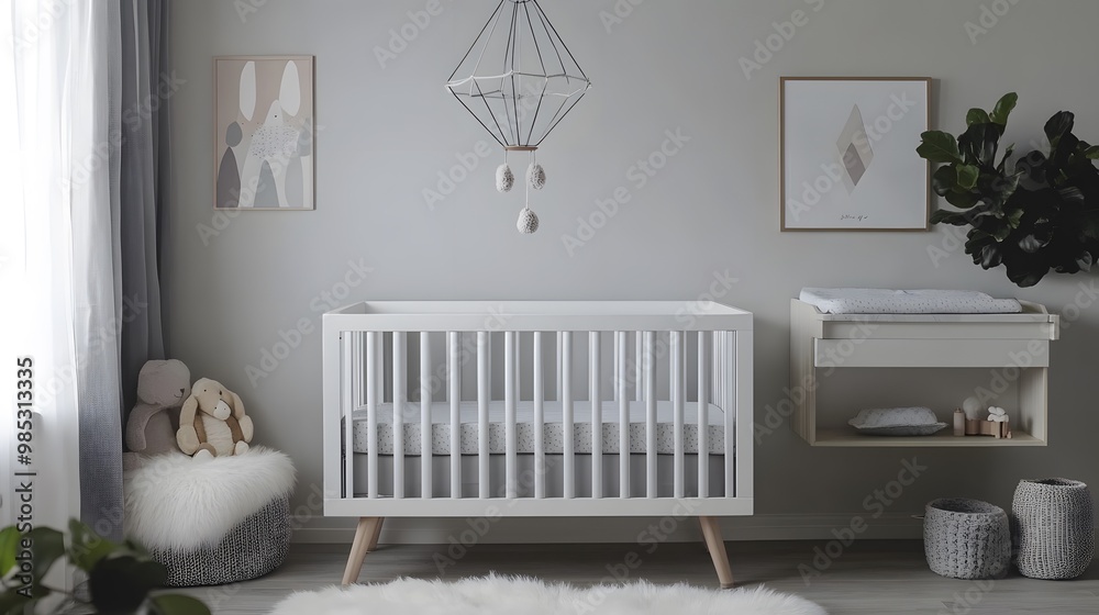 A modern nursery with a white crib, changing table, and plush toys. A modern nursery with a white crib, changing table, and plush toys.