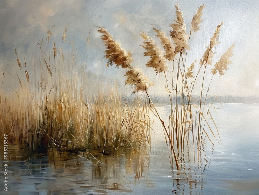 Tranquil Lake Landscape with Reeds and Reflections Tranquil Lake Landscape with Reeds and Reflections