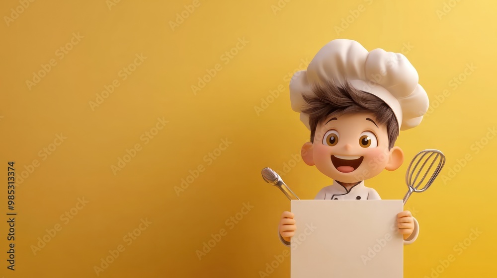 A cheerful cartoon chef boy holding a blank sign against a yellow background. A cheerful cartoon chef boy holding a blank sign against a yellow background.
