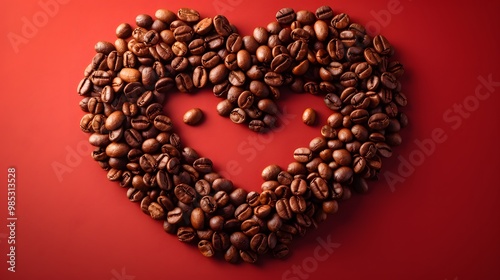 Coffee beans form a heart shape on red