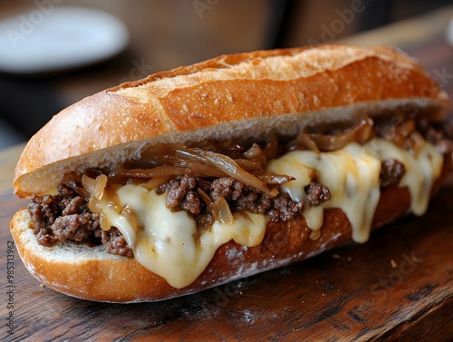 A close-up of a Philly cheesesteak sandwich with melted cheese, onions, and meat on a toasted hoagie roll. photo