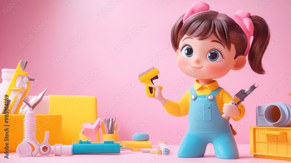 A cheerful animated girl holding tools in a colorful workspace. A cheerful animated girl holding tools in a colorful workspace.