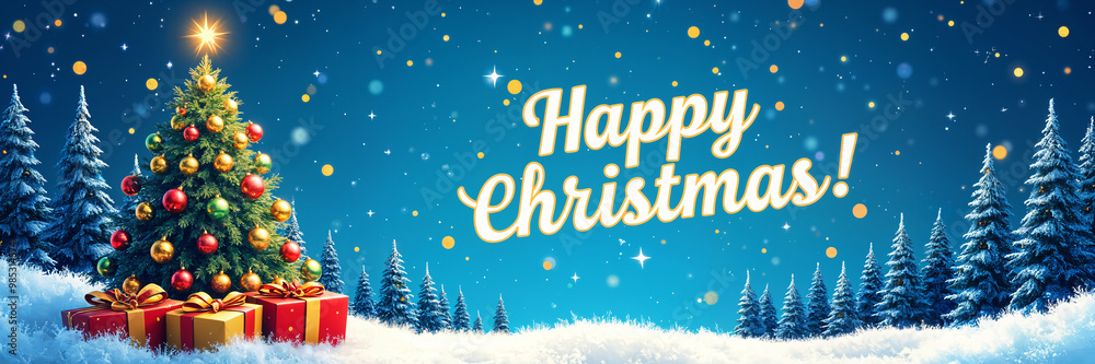 Festive Christmas scene with a tree, presents, and snowy pine trees against a blue sky backdrop. Festive Christmas scene with a tree, presents, and snowy pine trees against a blue sky backdrop.
