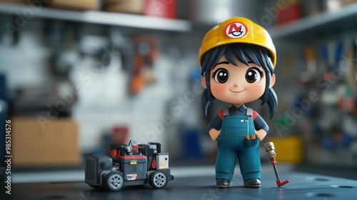 Wallpaper Mural A cheerful cartoon character in a workshop with tools and a small machine. Torontodigital.ca