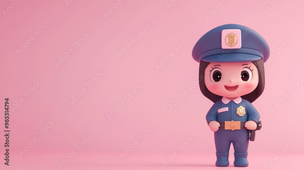 A cute cartoon character of a police officer standing against a pink background. A cute cartoon character of a police officer standing against a pink background.