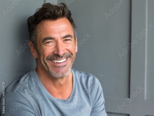 Confident middle-aged man smiling with a happy face. Handsome man with beard in casual attire stands in a modern living room with blue window. Happy senior man looks cheerful with a toothy smile.