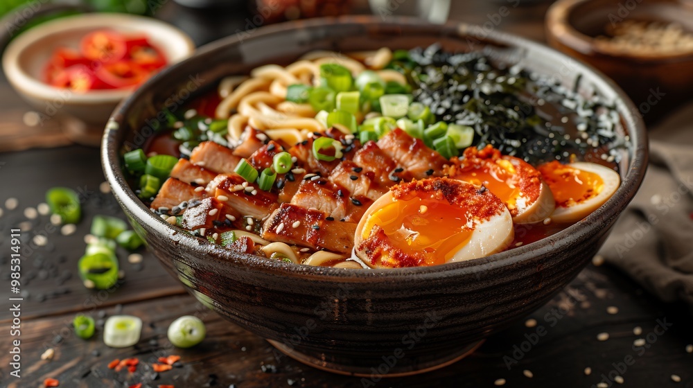 Bowl of Japanese ramen with tender pork slices softboiled egg and noodles in a rich flavorful broth topped with seaweed and green onions Bowl of Japanese ramen with tender pork slices softboiled egg and noodles in a rich flavorful broth topped with seaweed and green onions