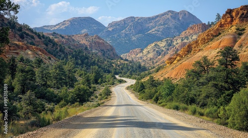 Scenic dirt road winding through mountains and greenery.