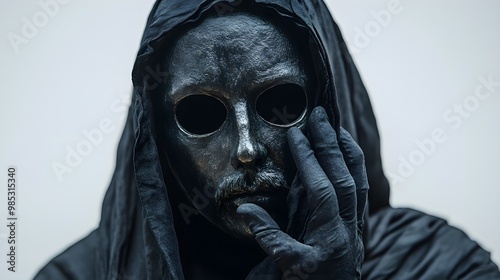 A priest in dark robes holding a Halloween party mask, gothic horror style, intricate details, isolated on white background